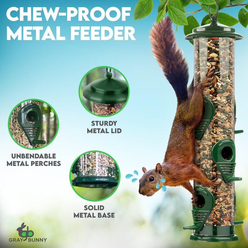 Gray Bunny Bird Feeders for Outdoors (Green) Squirrel Proof Hanging Bird Feeder with Locking Lid & Adjustable Hanger, Chew-Proof, Weather Resistant 15 Inches 6 Port - Image 5